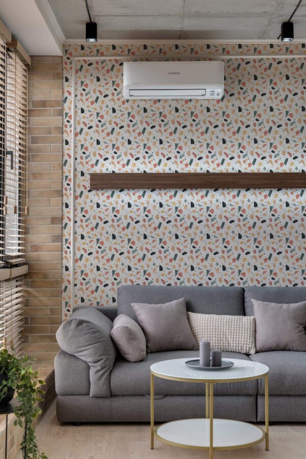 Scandinavian style living room decorated with Terrazzo hand painted peel and stick wallpaper