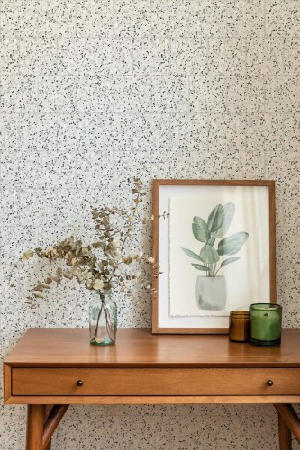 Mid-century modern style living room decorated with Terrazzo tile peel and stick wallpaper