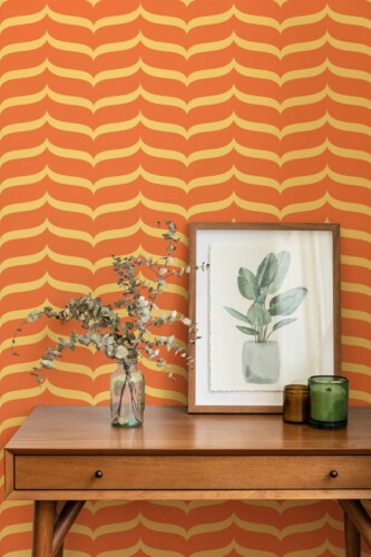 Mid-century modern style living room decorated with Textile inspired retro peel and stick wallpaper
