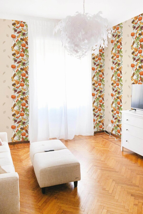 Modern boho style living room decorated with Thanksgiving fall peel and stick wallpaper