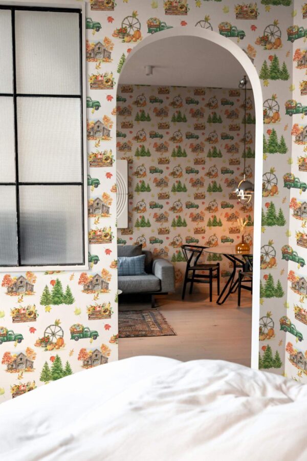 Modern scandinavian style living room decorated with Thanksgiving farmhouse peel and stick wallpaper