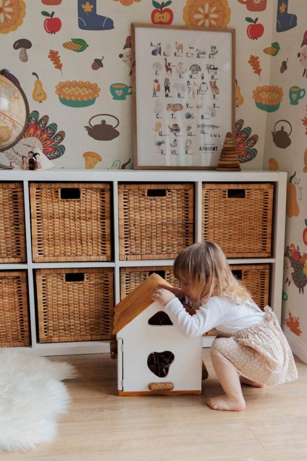 Boho gender neutral style kids room decorated with Thanksgiving feast peel and stick wallpaper