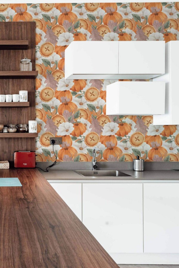Rustic Scandinavian style kitchen decorated with Thanksgiving pumpkin peel and stick wallpaper