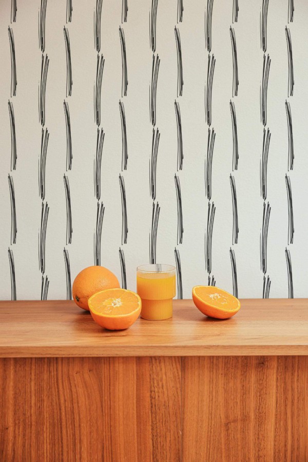 Mid-century style living room decorated with Thin Brush stroke peel and stick wallpaper