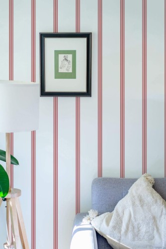 Eastern European style living room decorated with Ticking stripe peel and stick wallpaper