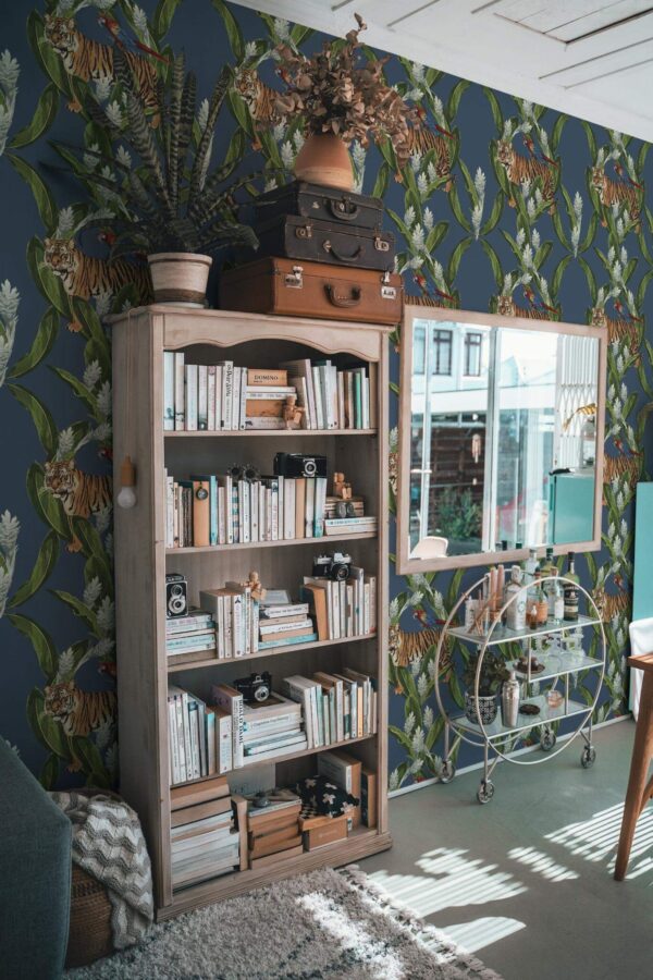 Farmhouse style living room decorated with Tigers and birds peel and stick wallpaper