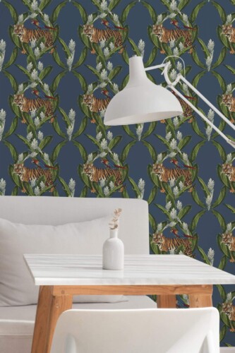 Minimal style dining room decorated with Tigers and birds peel and stick wallpaper