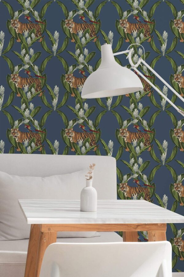 Minimal style dining room decorated with Tigers and birds peel and stick wallpaper