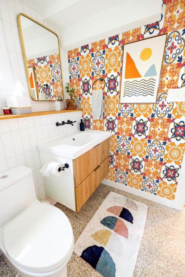 Modern boho style coffee bar decorated with Tile fireplace accent peel and stick wallpaper