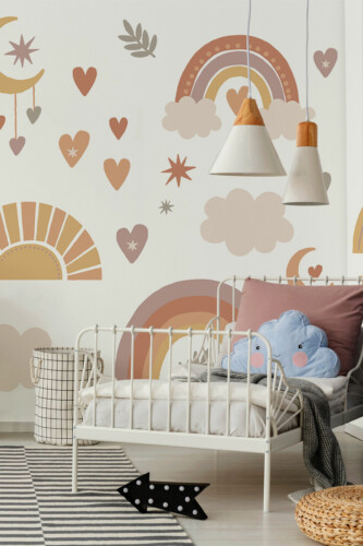 Beige Boho Elements peel and stick or non-pasted wall mural. Fancy Walls removable self-adhesive or traditional boho rainbow celestial eco-friendly and PVC-free nursery mural for walls.