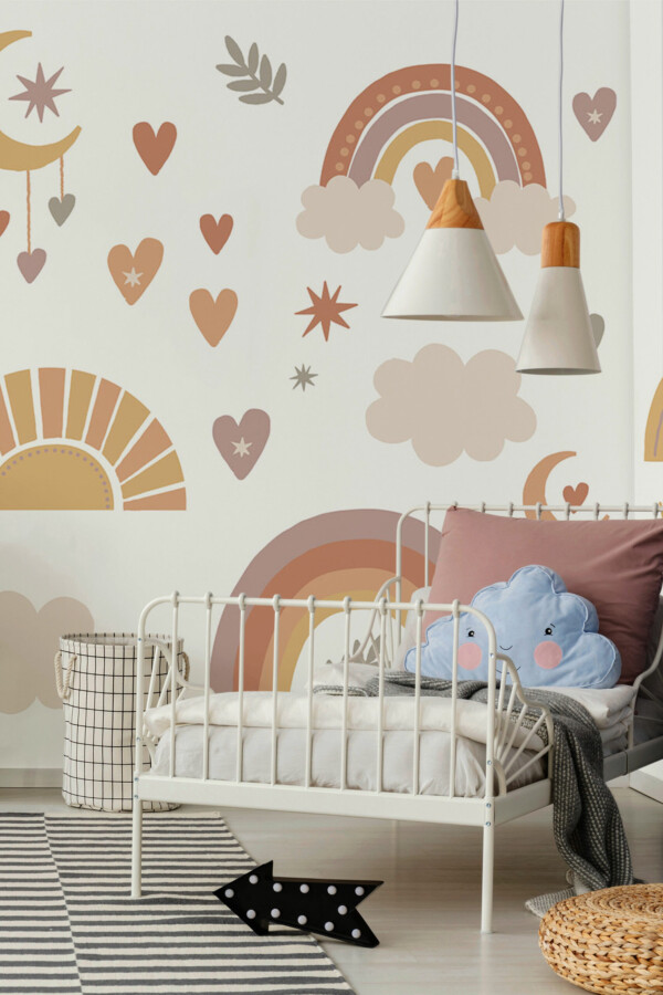 Beige Boho Elements peel and stick or non-pasted wall mural. Fancy Walls removable self-adhesive or traditional boho rainbow celestial eco-friendly and PVC-free nursery mural for walls.