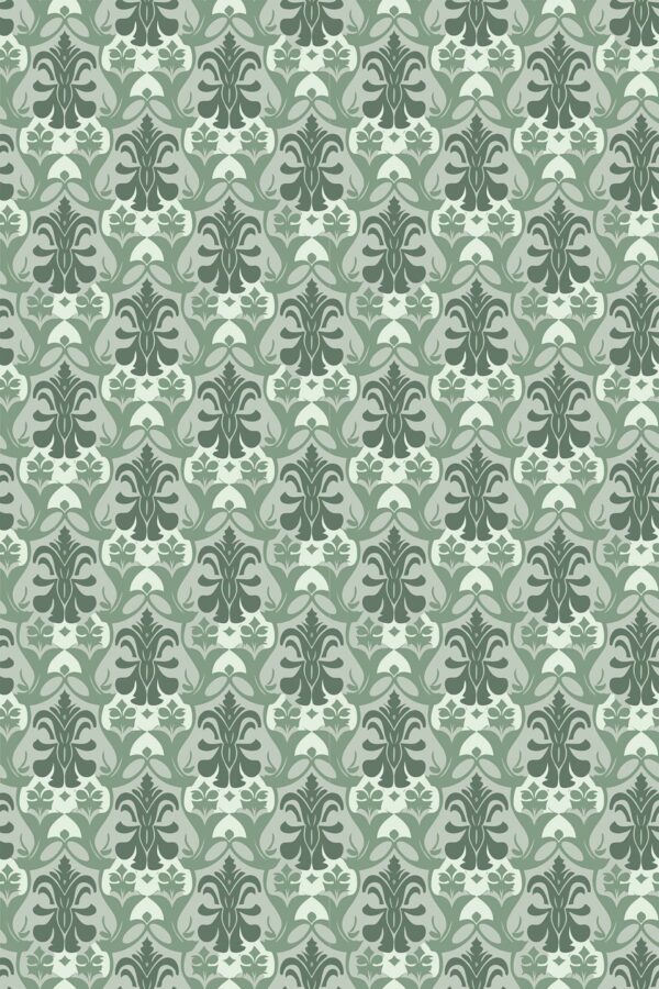 Traditional wallpaper in vintage green damask for sophisticated kitchens by Fancy Walls