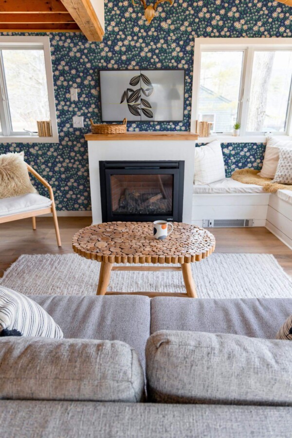 Farmhouse boho style living room decorated with Tiny flowers peel and stick wallpaper