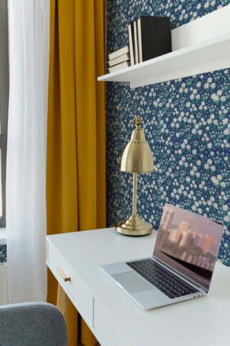 Scandinavian style home office decorated with Tiny flowers peel and stick wallpaper