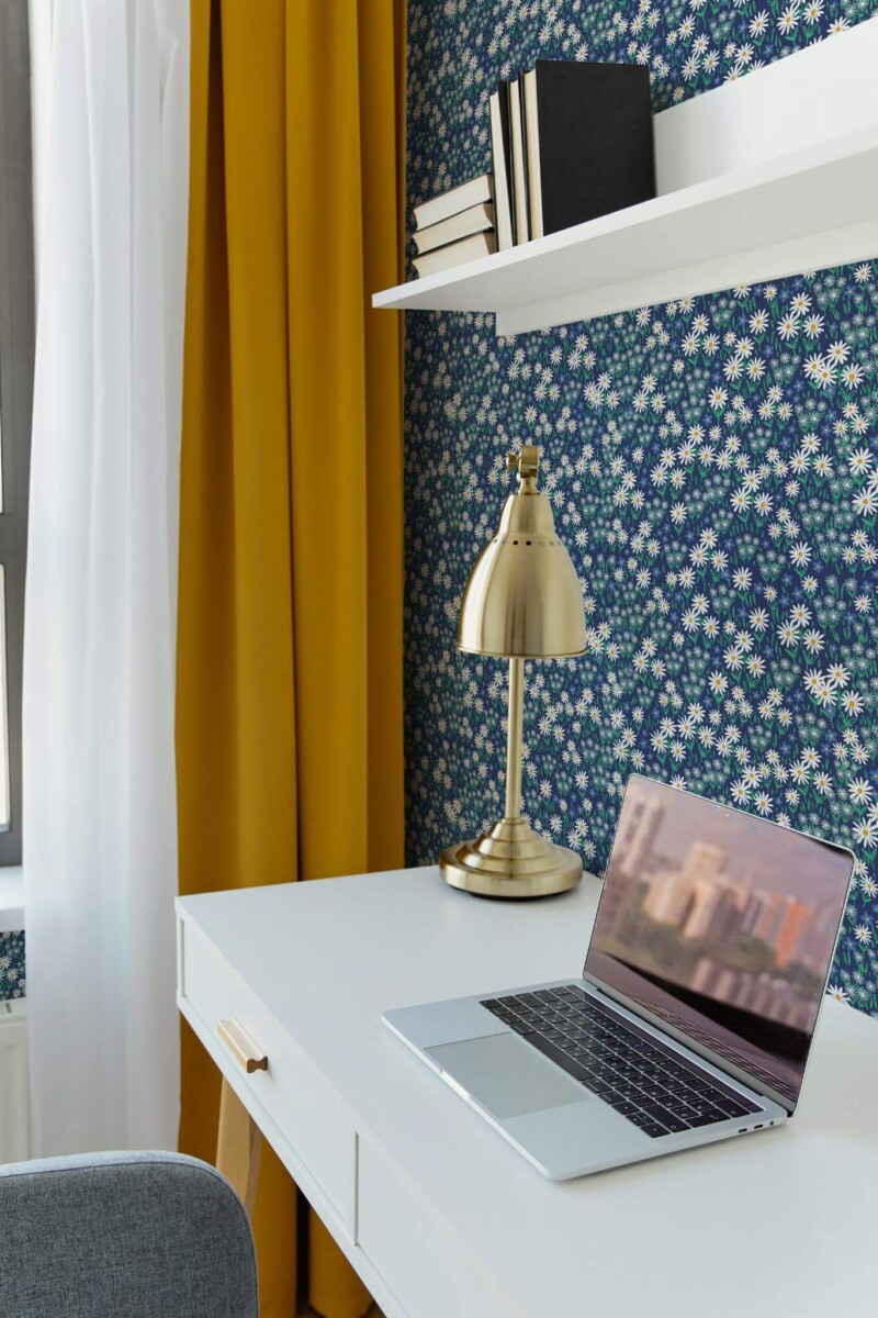 Scandinavian style home office decorated with Tiny flowers peel and stick wallpaper