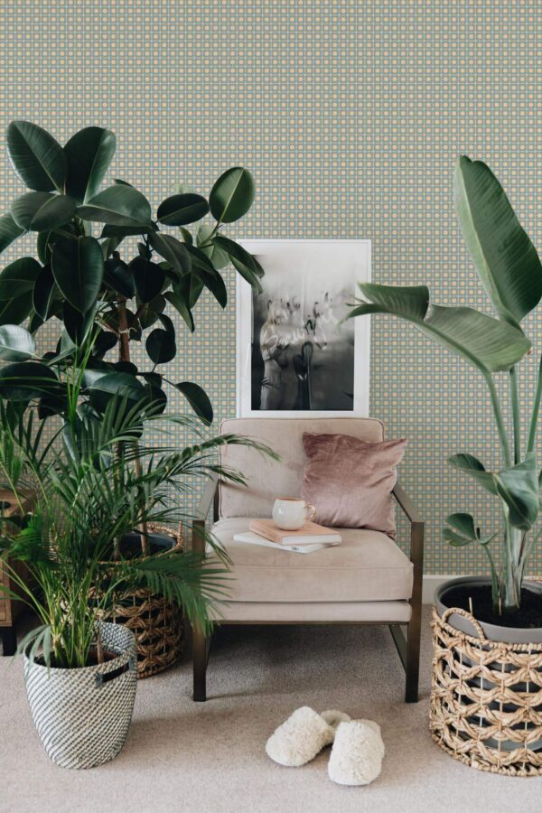 Mondern boho style living room decorated with Tiny geometric peel and stick wallpaper