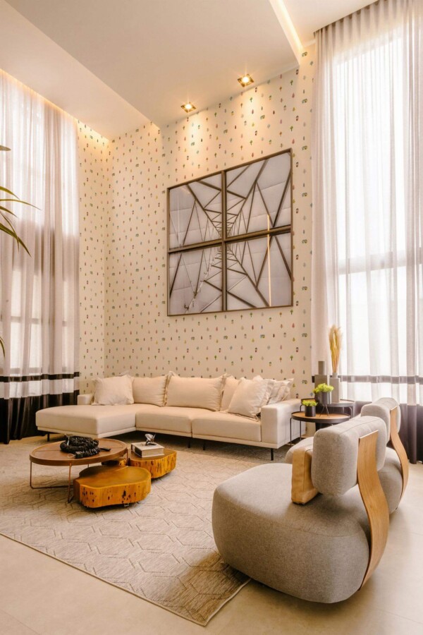 Contemporary style living room decorated with Tiny houses peel and stick wallpaper