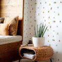 Mid-century modern style bedroom decorated with Tiny houses peel and stick wallpaper