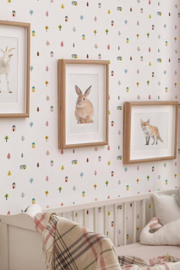 Neutral Scandinavian style nursery decorated with Tiny houses peel and stick wallpaper