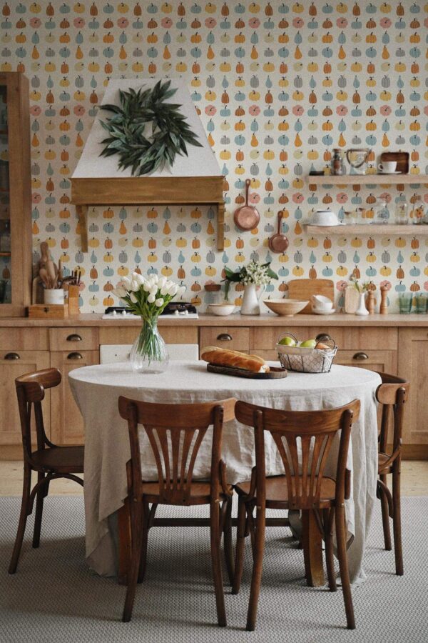 Boho farmhouse style kitchen dining room decorated with Tiny pumpkins peel and stick wallpaper