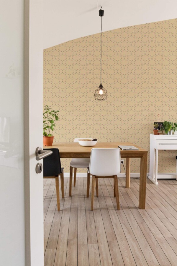 Minimal farmhouse style dining room decorated with Tiny rose vine peel and stick wallpaper