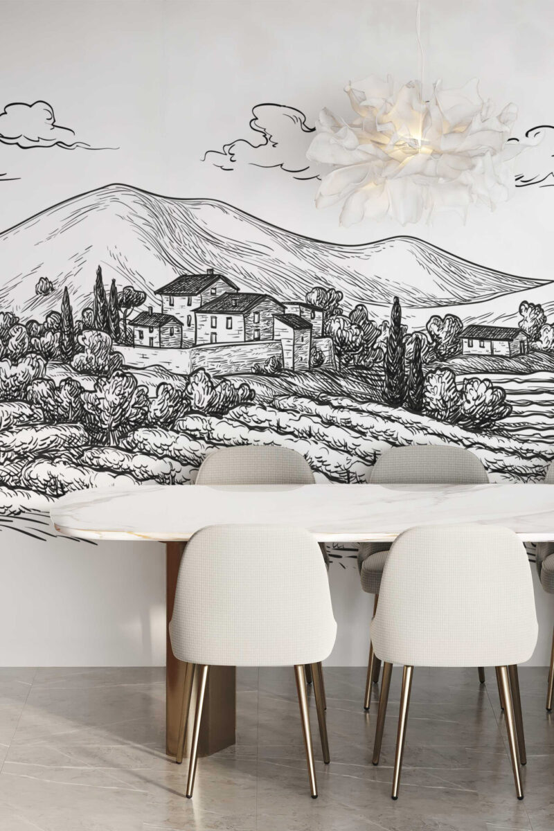 Elegant Italian Toile Wall Mural with a black and white line art village scene, ideal for kitchens, dining rooms, or vintage-inspired interiors.