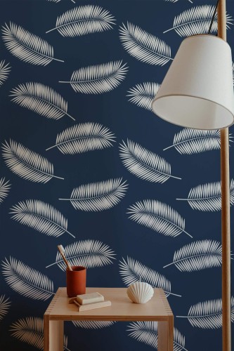 Minimal style bathroom decorated with Tossed palm peel and stick wallpaper