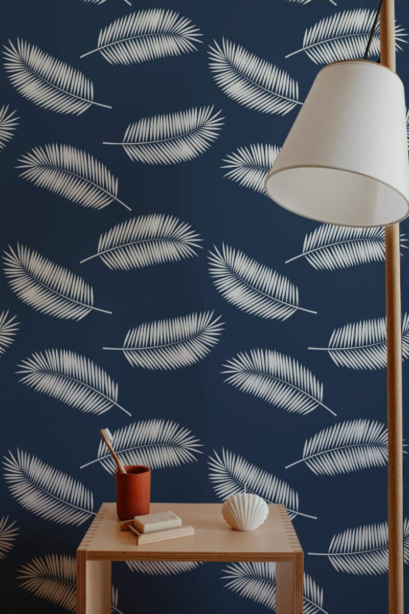 Minimal style bathroom decorated with Tossed palm peel and stick wallpaper