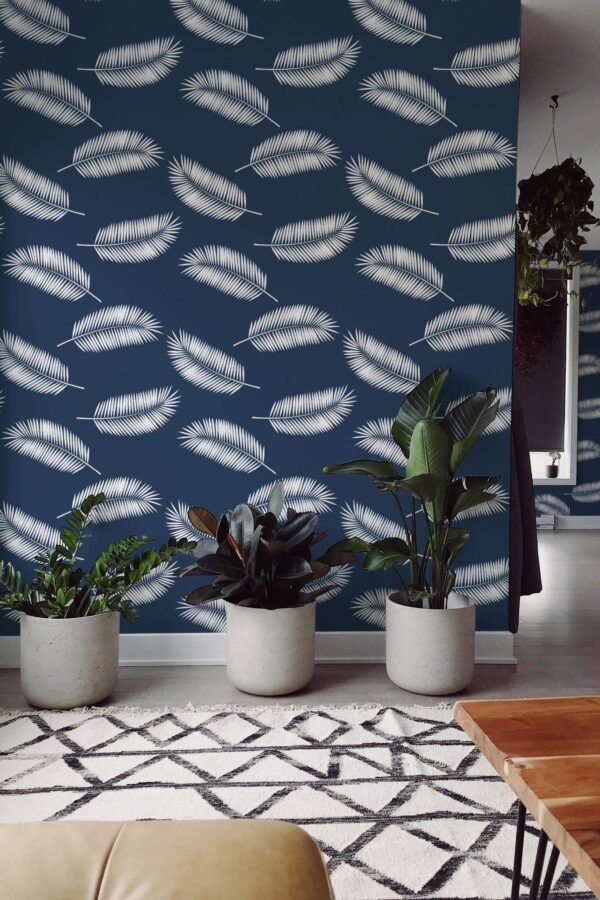 Scandinavian style living room decorated with Tossed palm peel and stick wallpaper