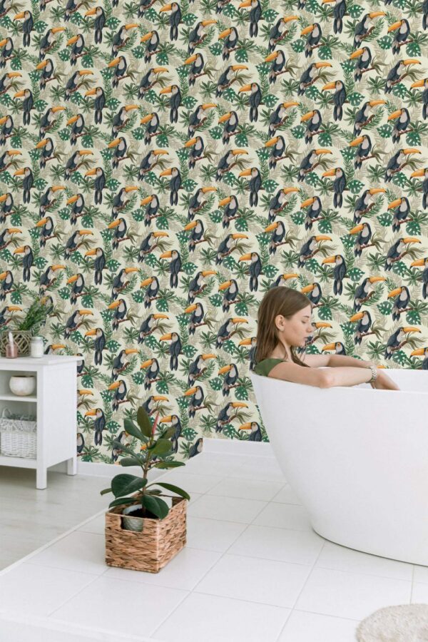 Minimal style bathroom decorated with Toucan peel and stick wallpaper