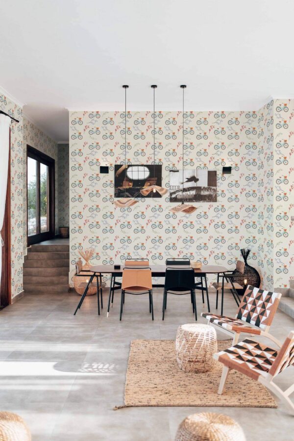 Modern boho style living dining room decorated with Tour de france peel and stick wallpaper