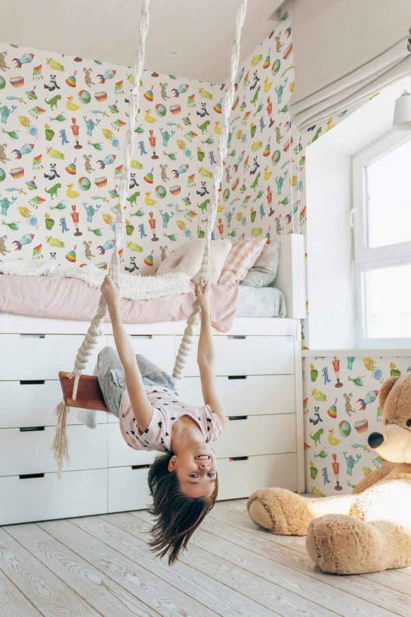 Minimal scandinavian style kids room decorated with Toys peel and stick wallpaper