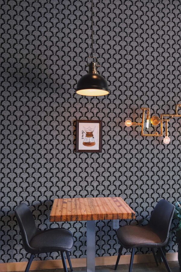 Fancy Walls black and white peel and stick wallpaper with art deco mushrooms