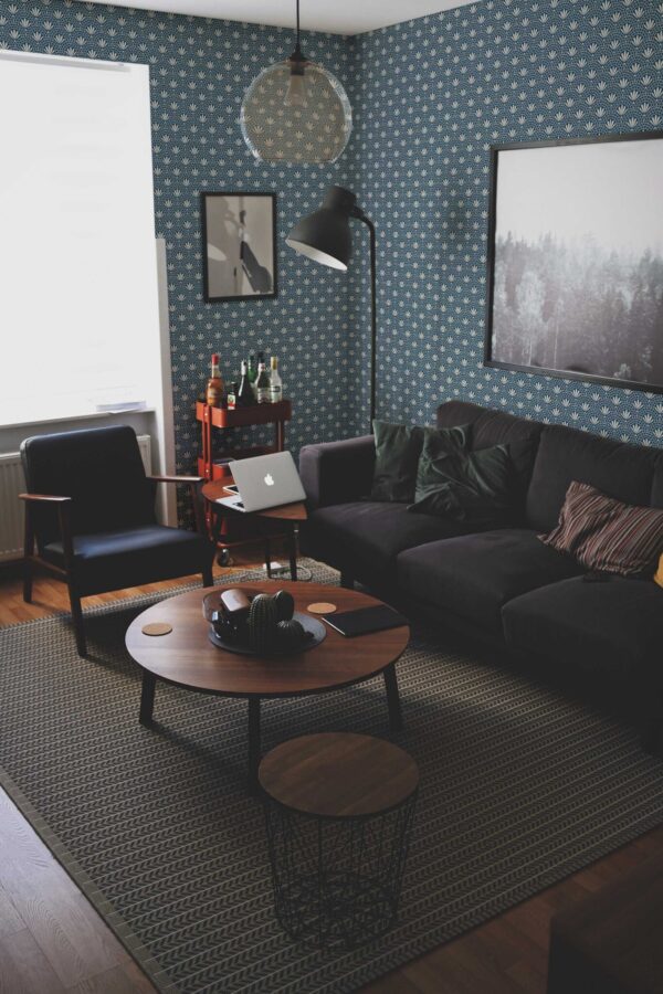 Fancy Walls peel and stick wallpaper in blue floral art deco pattern