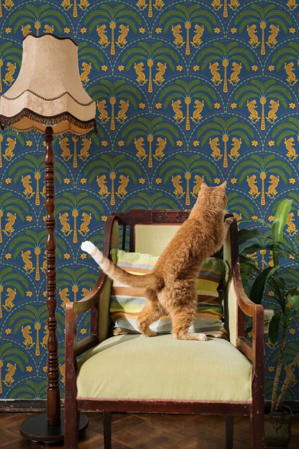 Fancy Walls blue tropical peel and stick wallpaper with tigers and palms