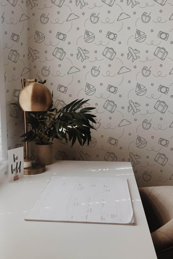 Rustic style home office decorated with Travel peel and stick wallpaper