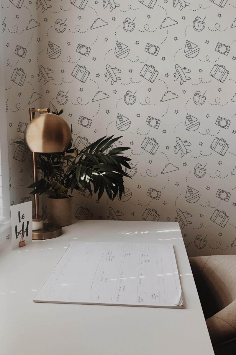 Rustic style home office decorated with Travel peel and stick wallpaper
