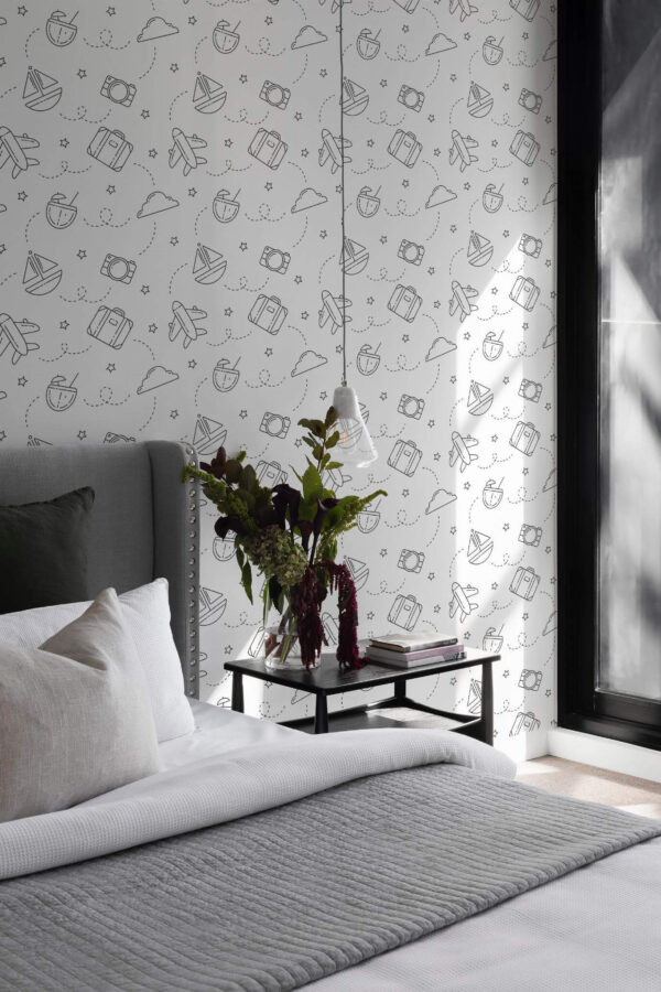 Scandinavian style bedroom decorated with Travel peel and stick wallpaper