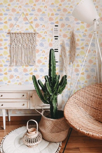 Bohemian style living room decorated with Tropical boho rainbows peel and stick wallpaper