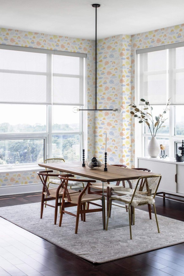 Modern minimalist style dining room decorated with Tropical boho rainbows peel and stick wallpaper