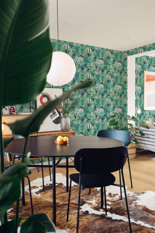 Scandinavian style dining room decorated with Tropical cats peel and stick wallpaper