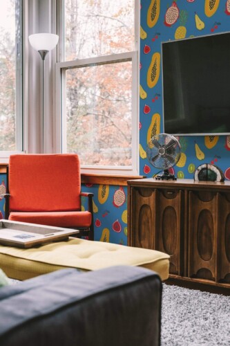 Rustic style living room decorated with Tropical fruits peel and stick wallpaper