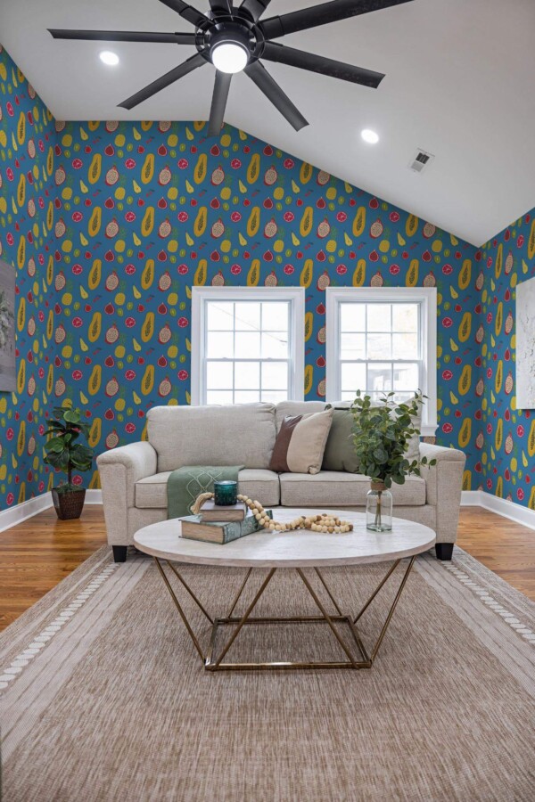 Scandinavian style living room decorated with Tropical fruits peel and stick wallpaper