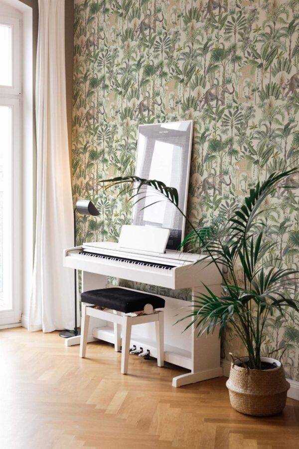 Modern style living room with a piano decorated with Tropical gardens of Jaipur peel and stick wallpaper