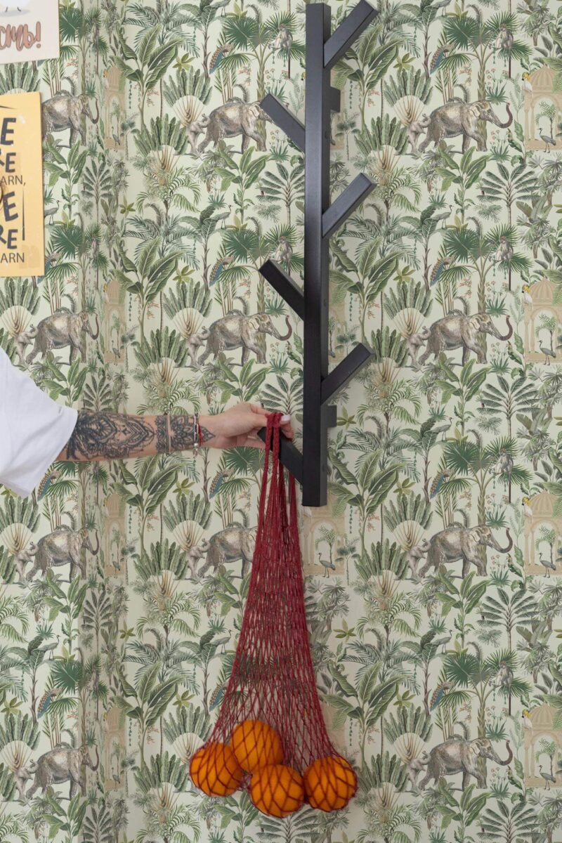 Scandinavian style kitchen decorated with Tropical gardens of Jaipur peel and stick wallpaper