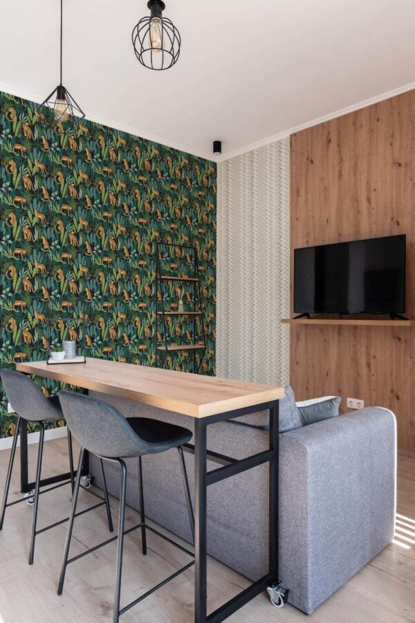 Scandinavian style open living room decorated with Tropical Jungle peel and stick wallpaper