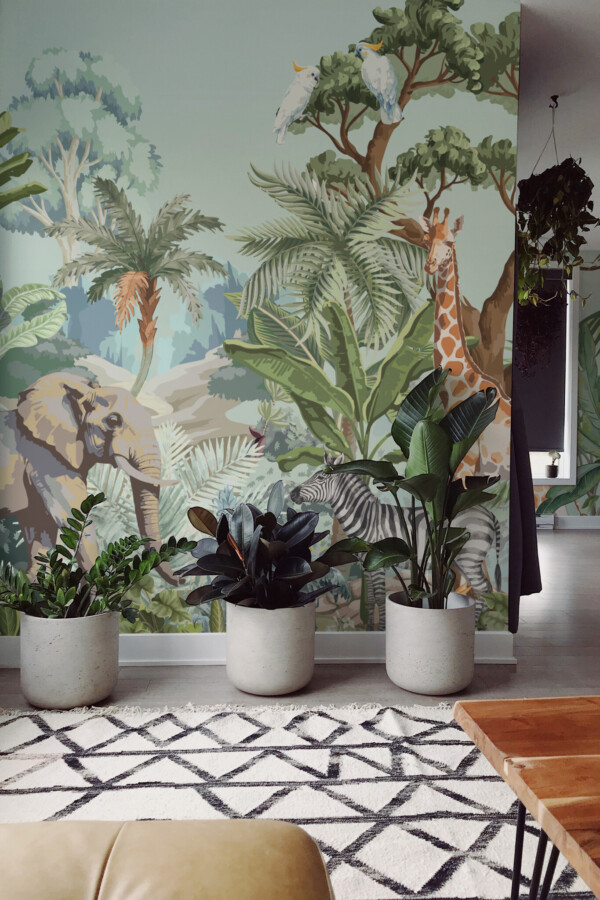 Fancy Walls self-adhesive wall mural in a safari theme with elephant zebra monkey and birds