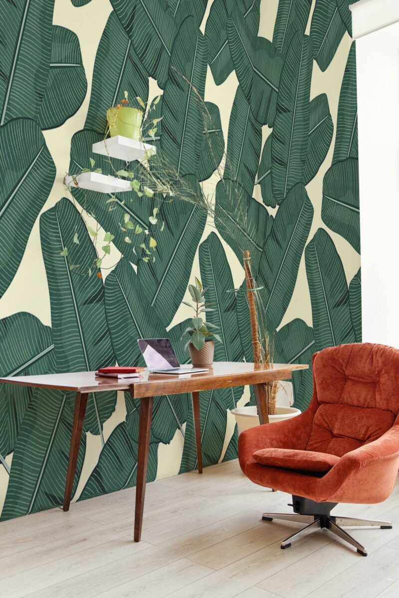 Tropical Leaves Wall Mural with bold green banana leaves on a cream background, perfect for offices, home workspaces, or lively botanical accent walls.