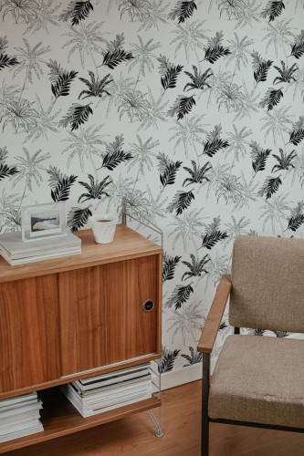 Mid-century style living room decorated with Tropical palm peel and stick wallpaper