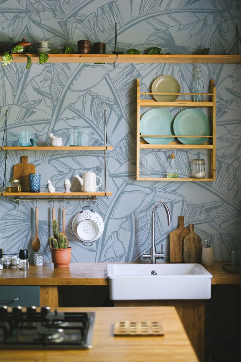 Calm Kitchen Wall Mural with sage green and gray banana leaf line art on a light background, perfect for kitchens, dining areas, or cozy breakfast nooks.